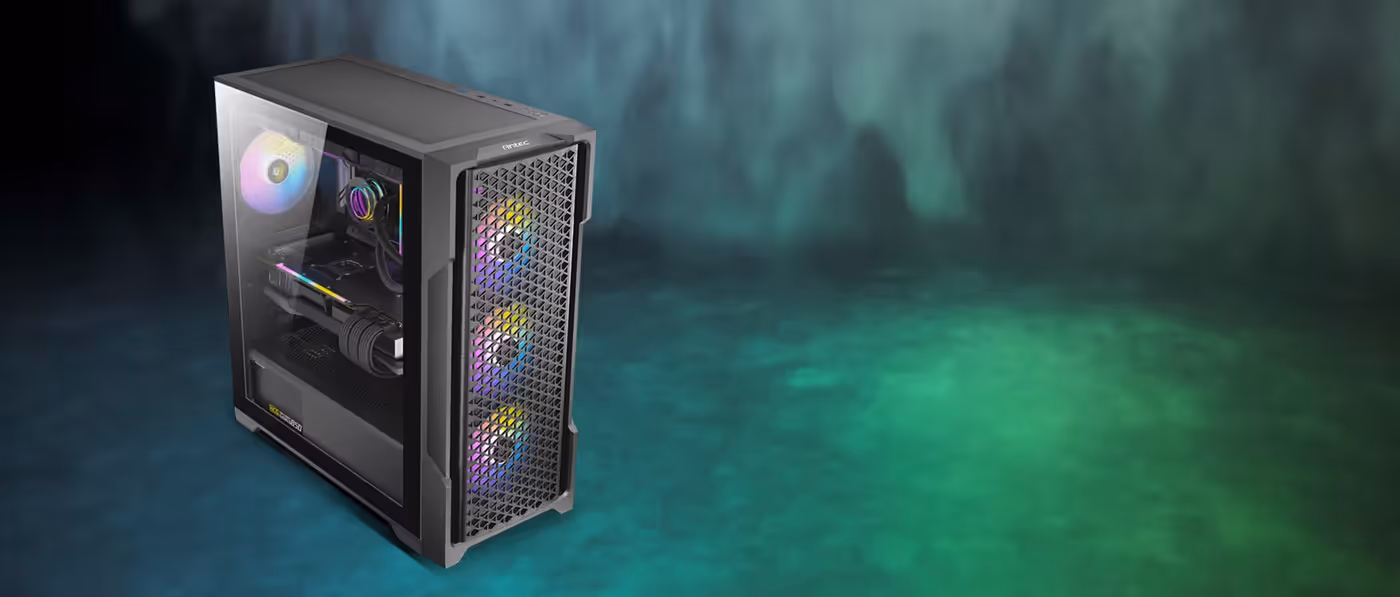 Side view of Antec AX90 displaying tempered glass and cooling design