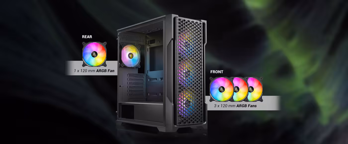 Internal view showcasing the pre-installed 120mm cooling fans