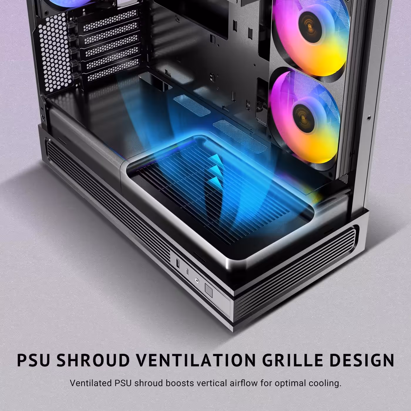 Antec C2M ARGB black PSU shroud with a ventilated grille and blue airflow arrows