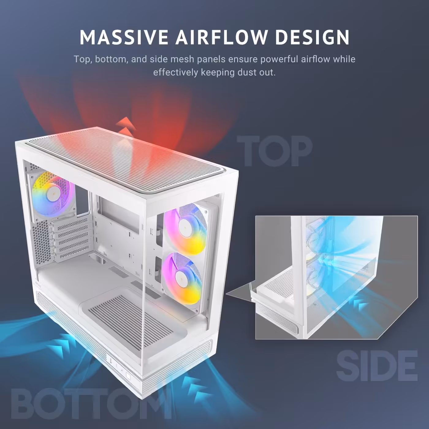 Antec C2M ARGB White with airflow arrows entering the bottom and side and leaving through the top