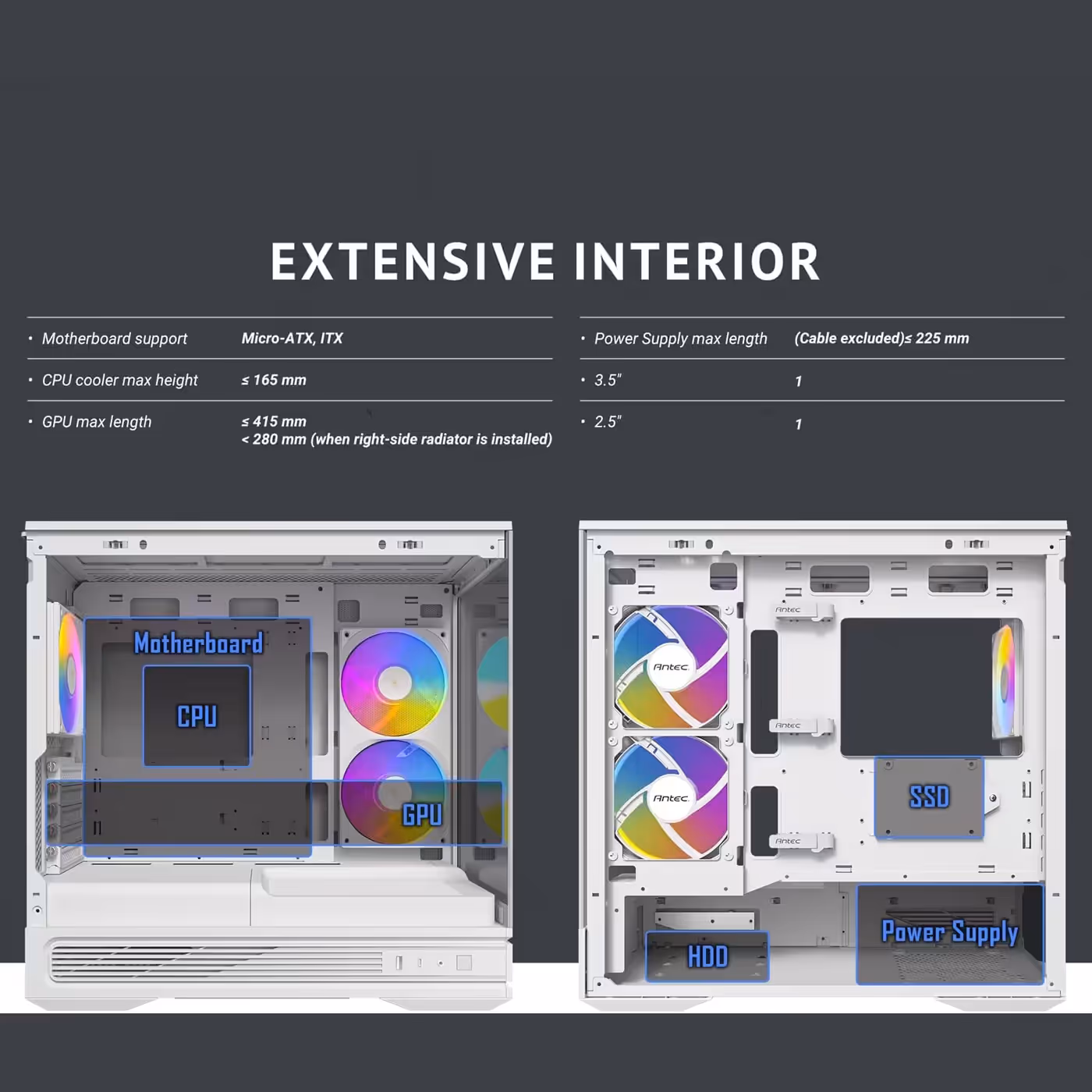 Antec C2M ARGB White interior layout diagram showing motherboard, GPU, SSD and PSU zones