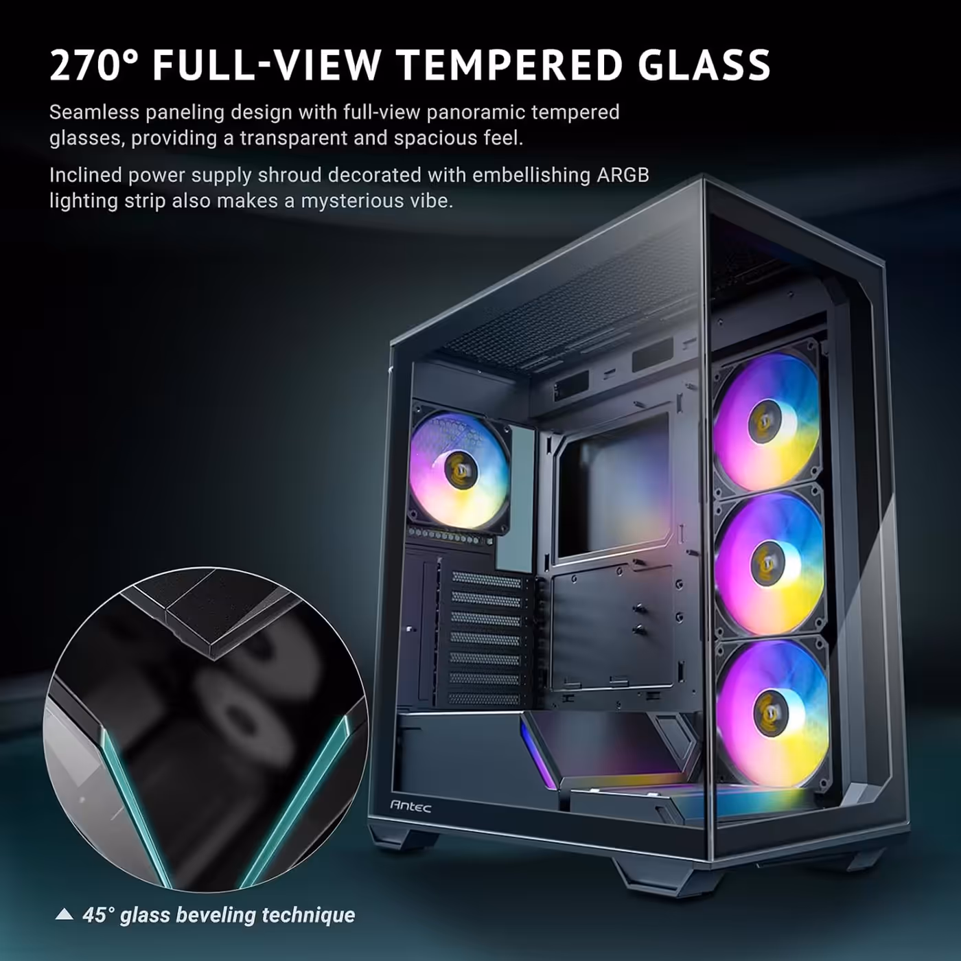 Black Antec C3 ARGB with panoramic tempered glass front and side and a lit ARGB strip on the shroud