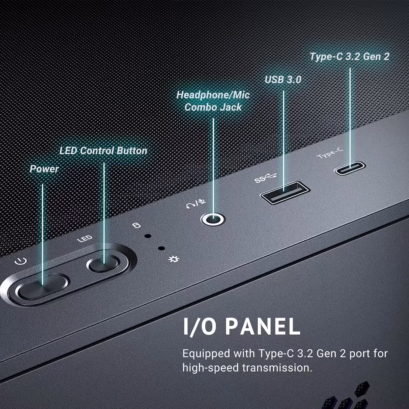 Antec C3 ARGB I/O panel close-up labelling power, LED control, USB 3.0, Type-C 3.2 Gen 2 and audio jack