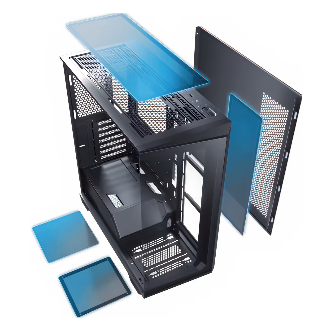 Exploded view of the Antec C3 ARGB with blue filters marked above, below and beside the black chassis