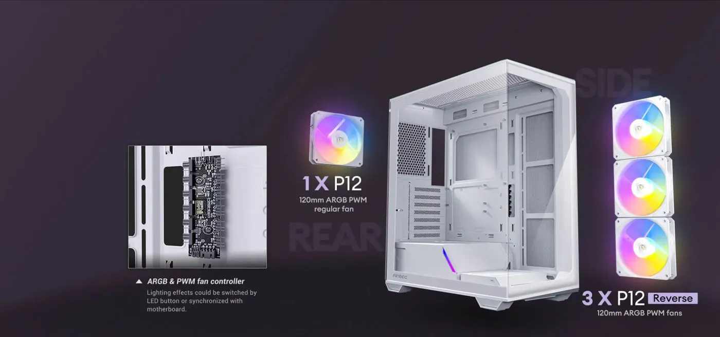 Four pre-installed ARGB PWM fans with integrated controller in Antec C3 case