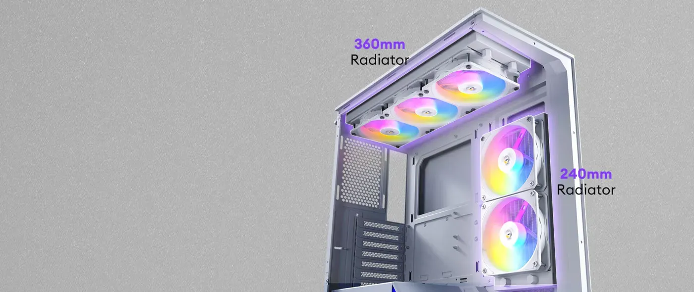 Antec C3 RGB case showing internal space for liquid cooling radiators