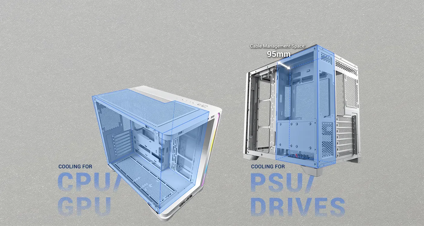 Antec C5 Curve dual-chamber interior structure for isolated cooling airflow