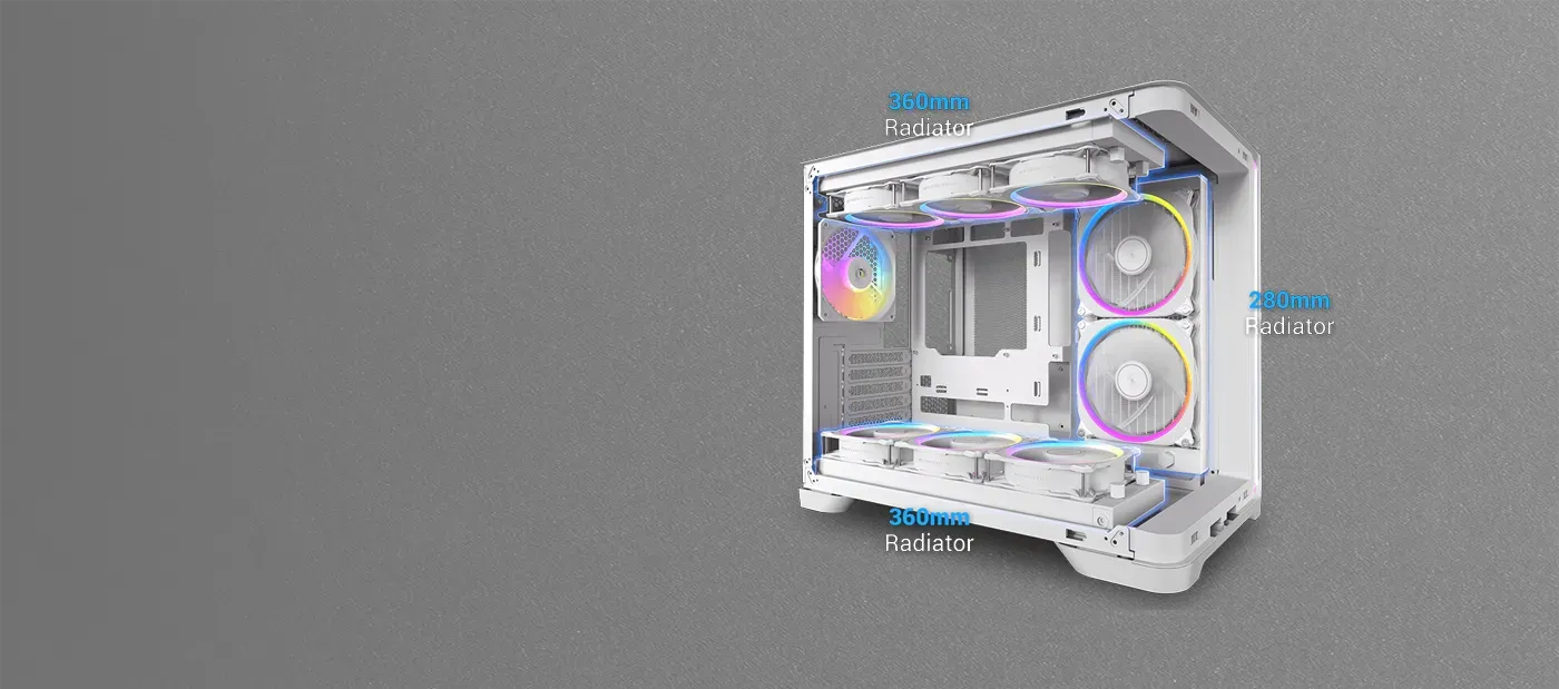 Antec C5 Curve water-cooling-ready layout with multiple radiator support