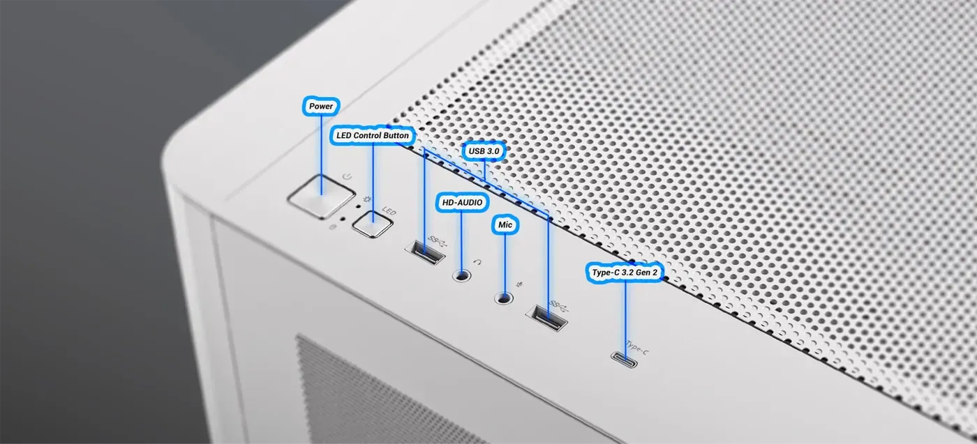 Front I/O interface on the Antec C5 Curve with USB Type-C and audio ports