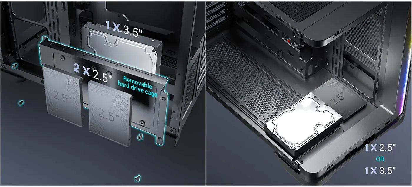 Antec C5 Curve internal storage mounting diagram for HDD and SSD drives