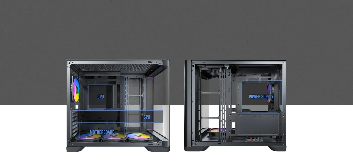 Spacious interior layout of the Antec C5 Curve highlighting hardware support dimensions