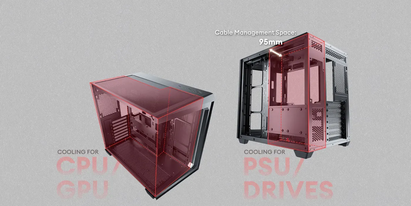Dual chamber internal design of the Antec C5 gaming case