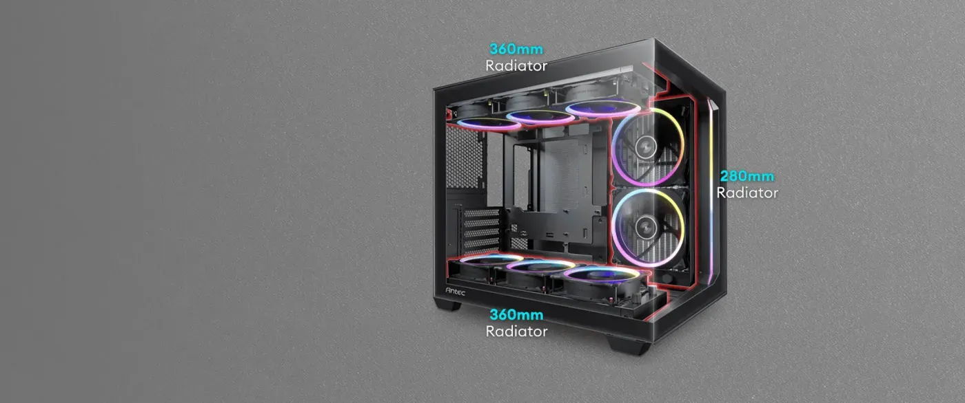 Liquid cooling support showing dual 360mm radiator compatibility