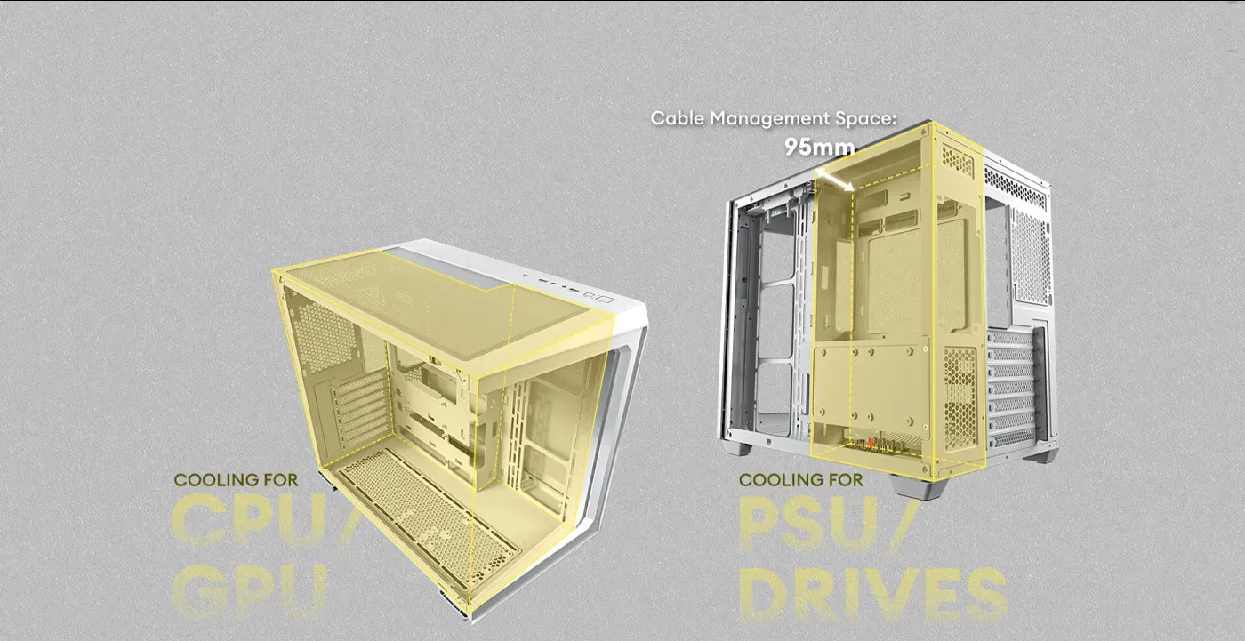 Internal dual-chamber layout showing power supply space and cable management