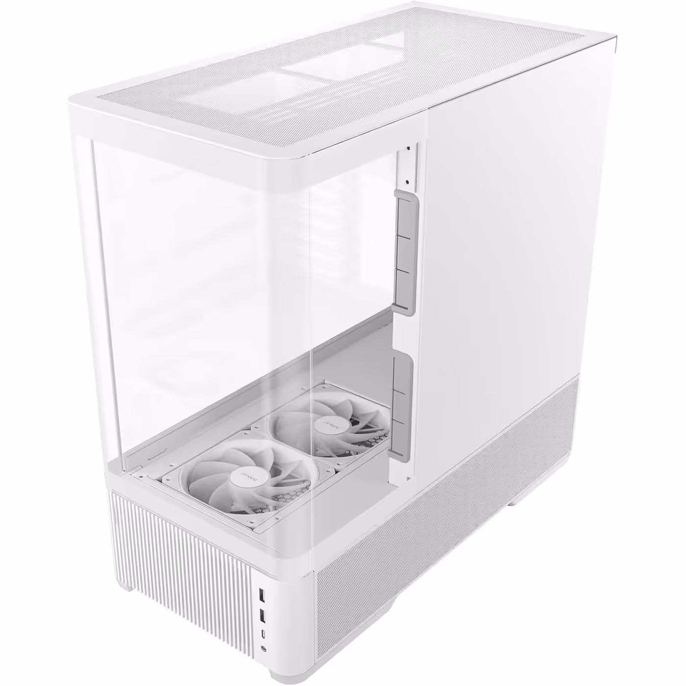 White Antec C6 Curve Air from the front, curved glass panels over a white vented base