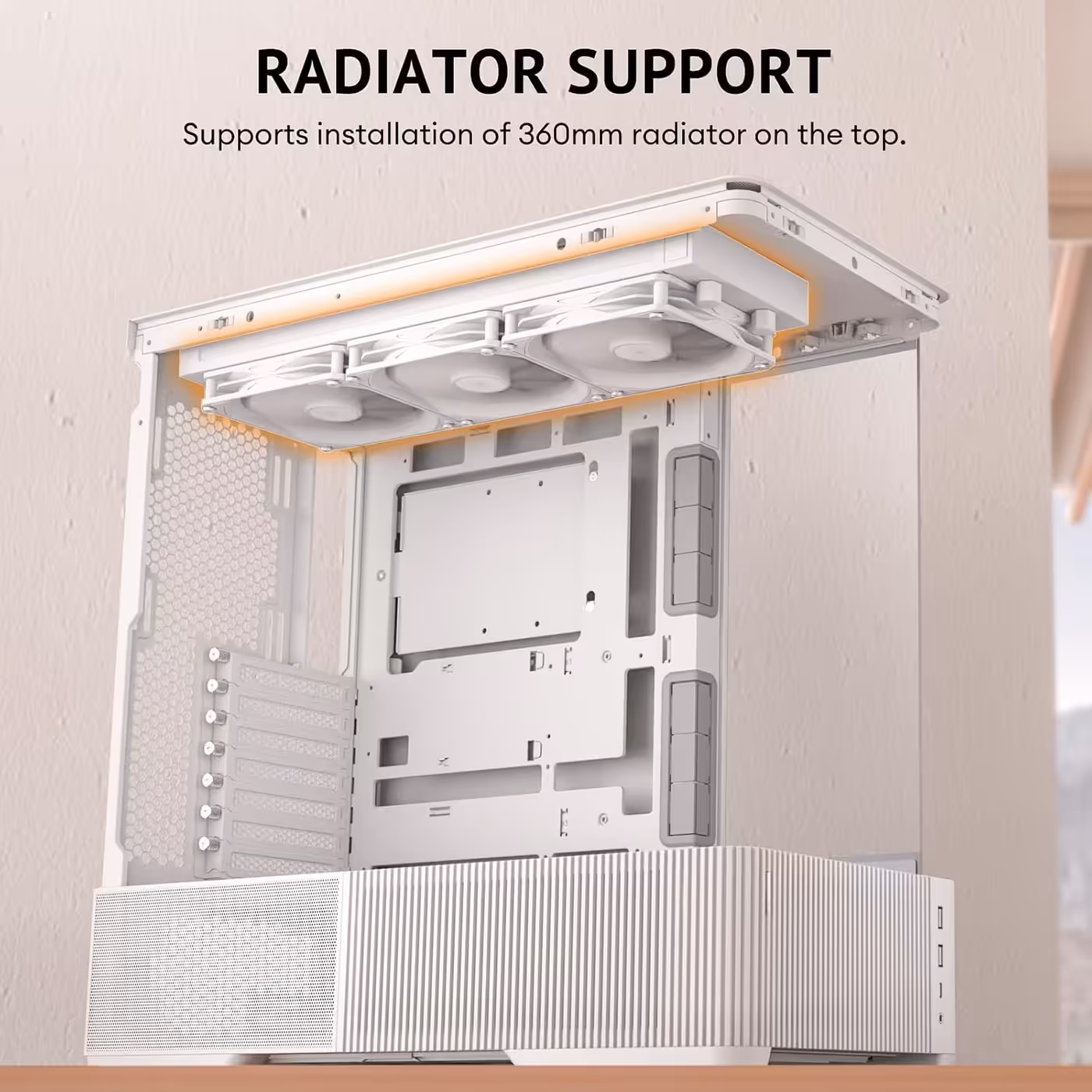Radiator mount with three fans on the top of the white Antec C6 Curve Air, interior view