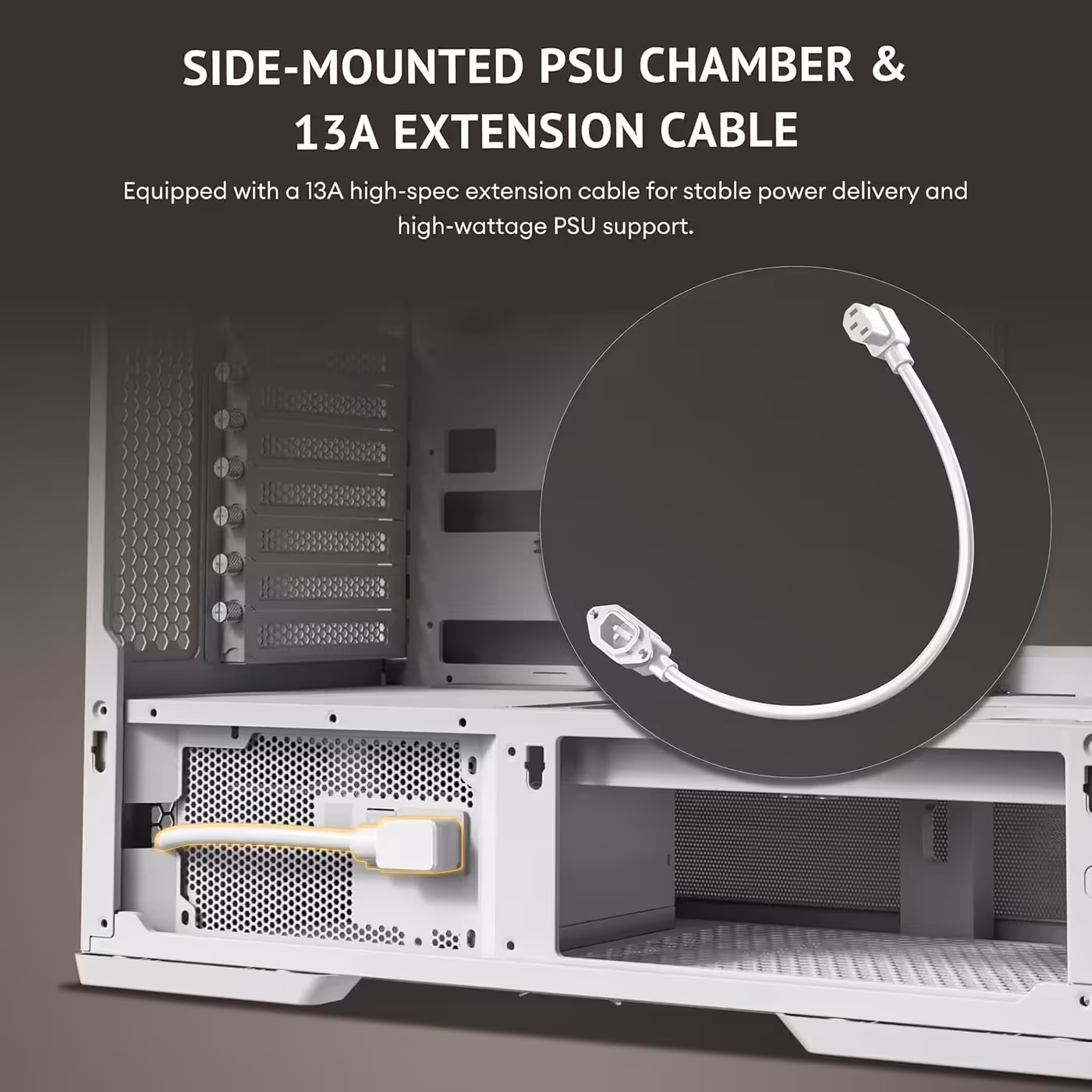 White PSU chamber of the Antec C6 Curve Air with the included white 13A extension cable