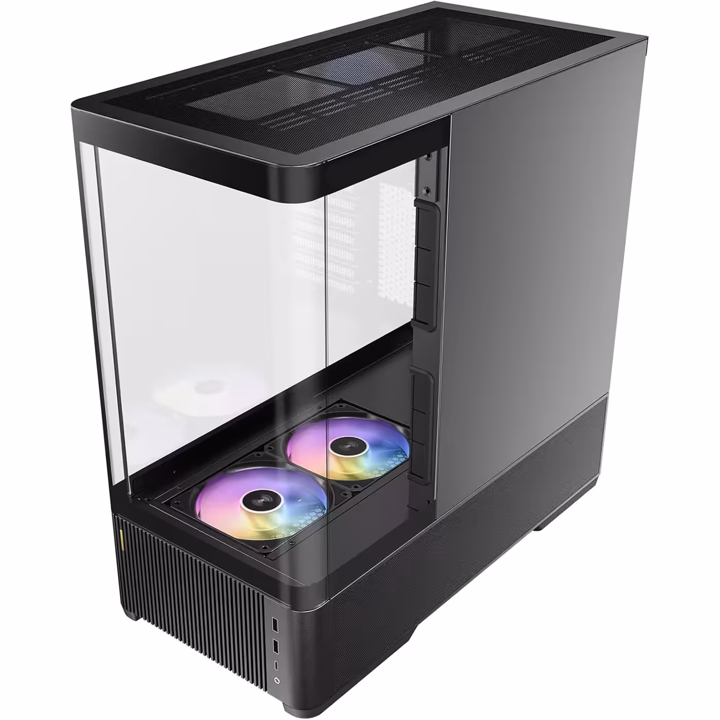 Black Antec C6 Curve ARGB seen from the side, curved glass panel and two ARGB fans on the PSU shroud