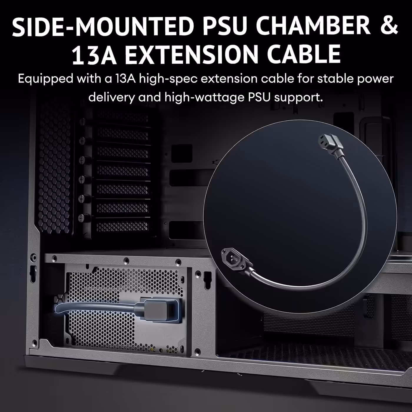 Side-mounted PSU chamber of the Antec C6 Curve ARGB with the included 13A extension cable