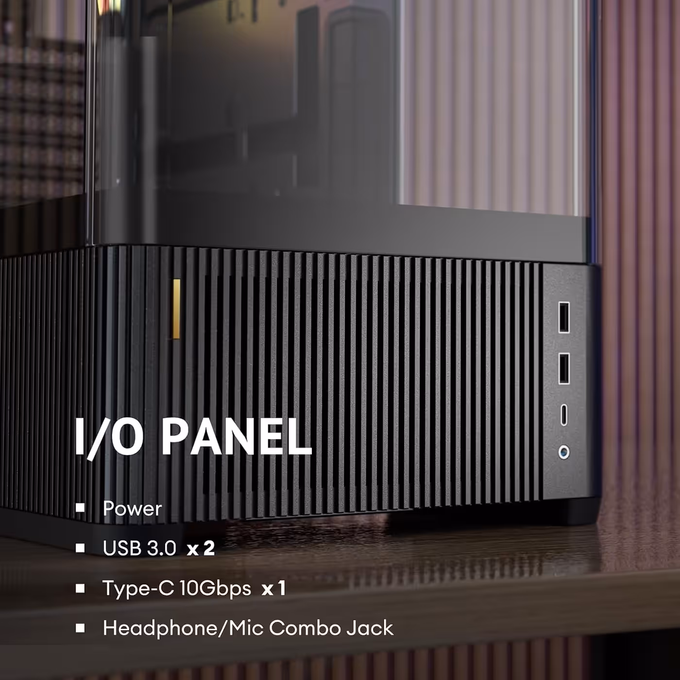 Front I/O panel on the vented base of the black Antec C6 Curve ARGB listing power, USB 3.0 and Type-C