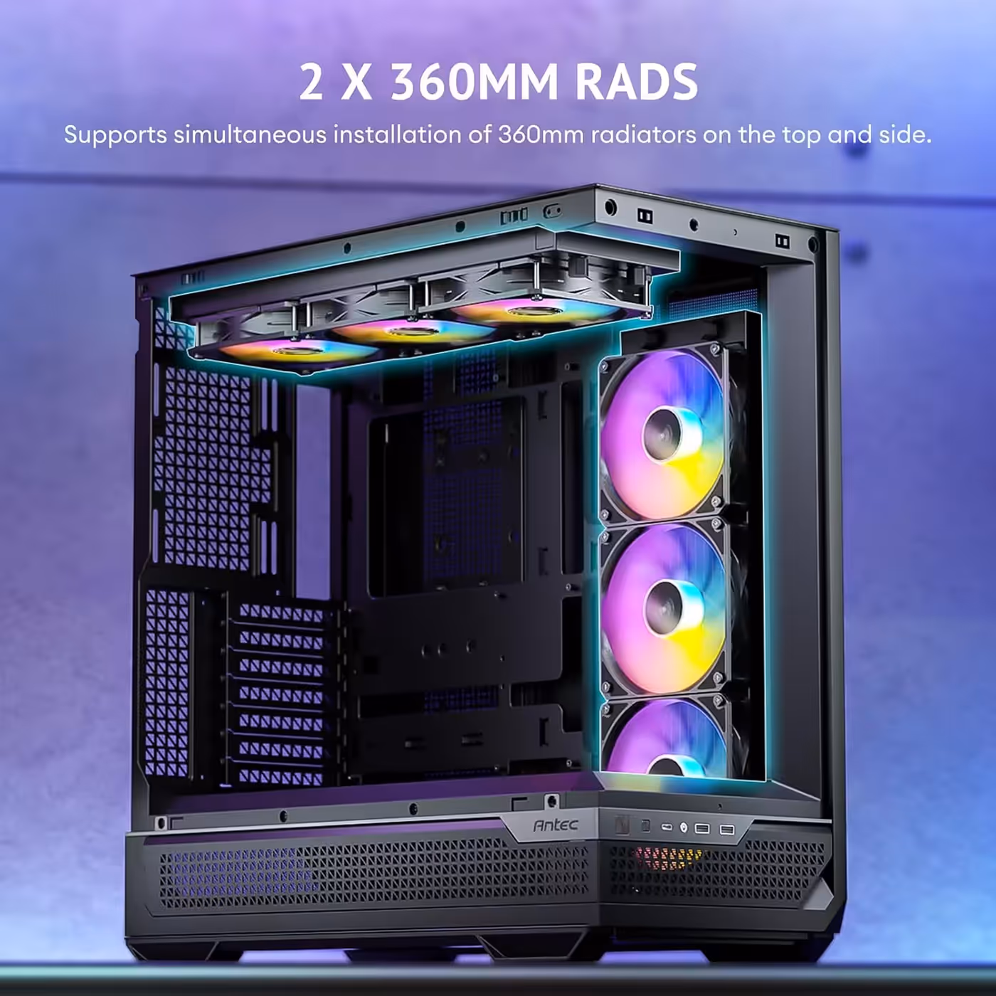 Antec C7 ARGB black case with a 360mm radiator on the top and a second 360mm radiator on the side, fans lit in ARGB