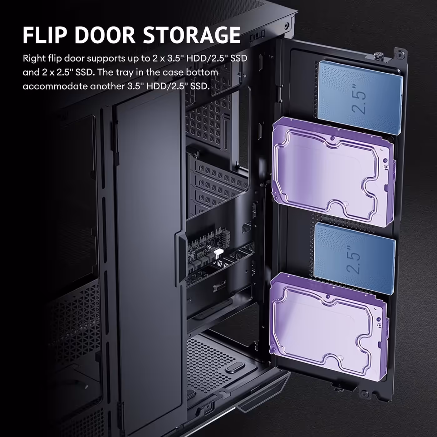 Open right flip door of the black Antec C7 ARGB case showing drive trays for 3.5-inch and 2.5-inch drives