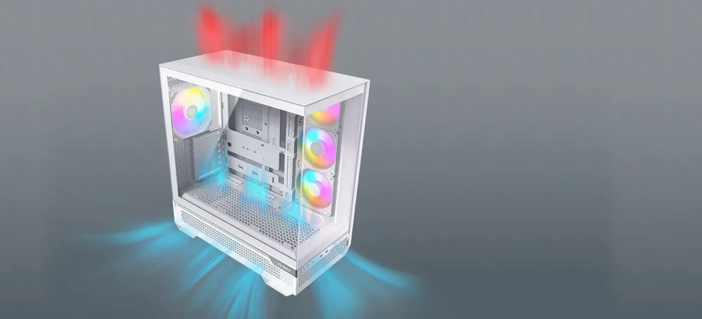 Diagram showing vertical cooling airflow paths inside the Antec C7 gaming case