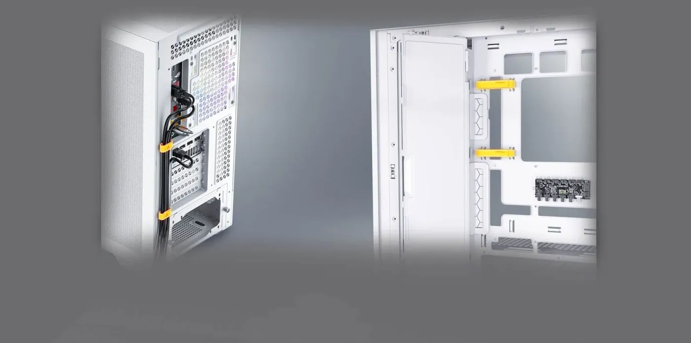 Rear view of Antec C7 showing dedicated cable management straps and storage mounts