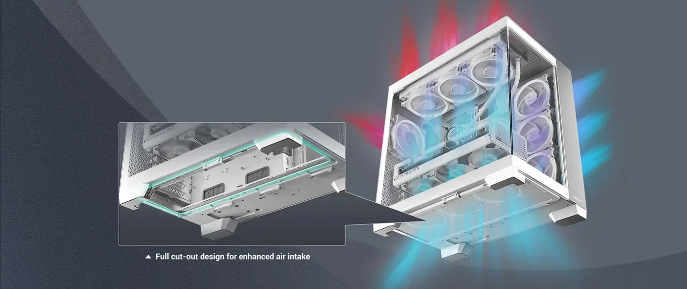 Antec C8 gaming case showcasing vertical cooling fan configuration for GPU efficiency