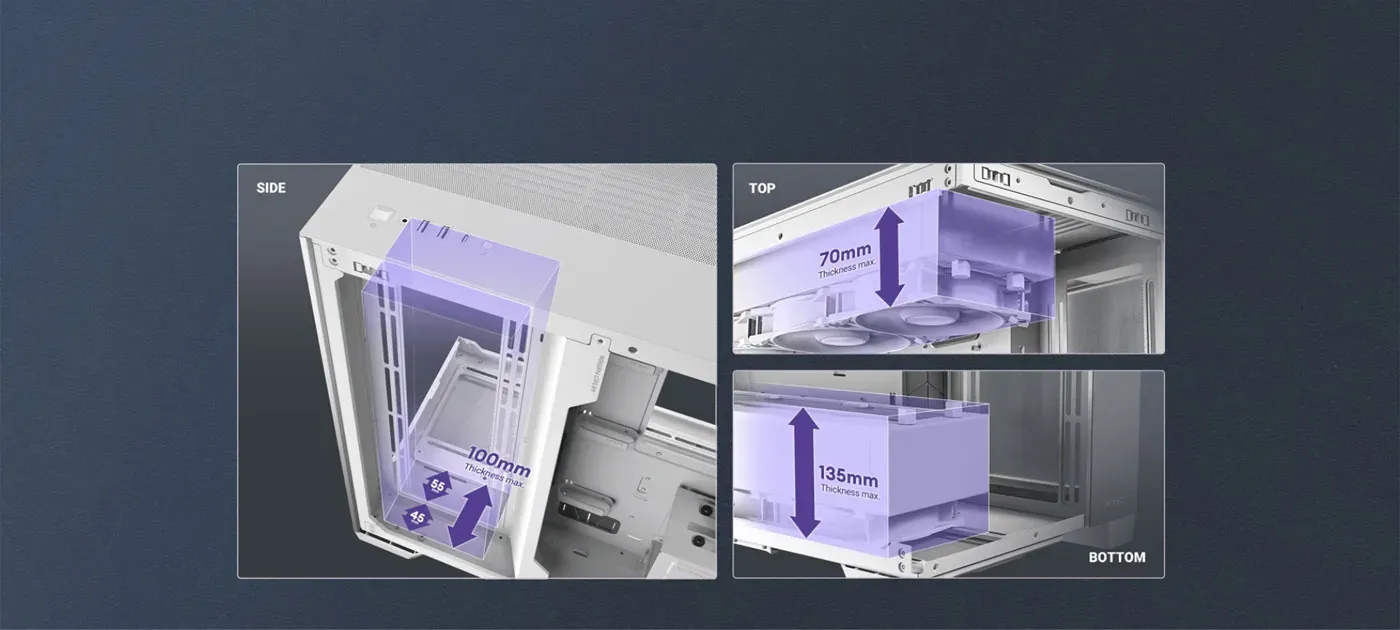 Antec C8 gaming case with space for thick 360mm radiators in multiple positions