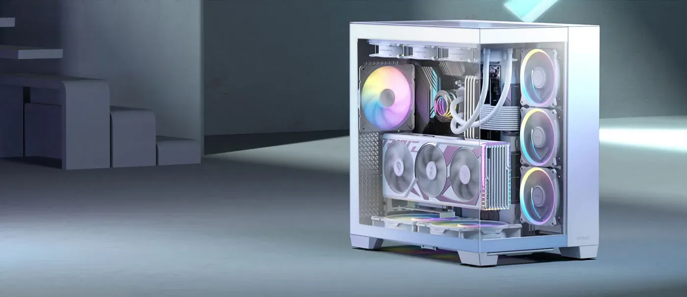Antec C8 RGB Gaming Case in White showing a sleek desktop setup