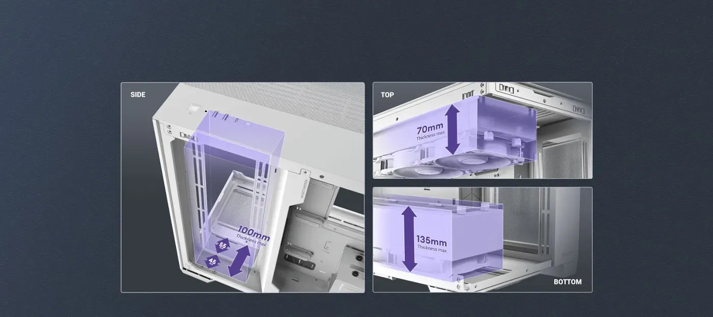 Detailed view of 360mm liquid cooling radiator space in the Antec C8