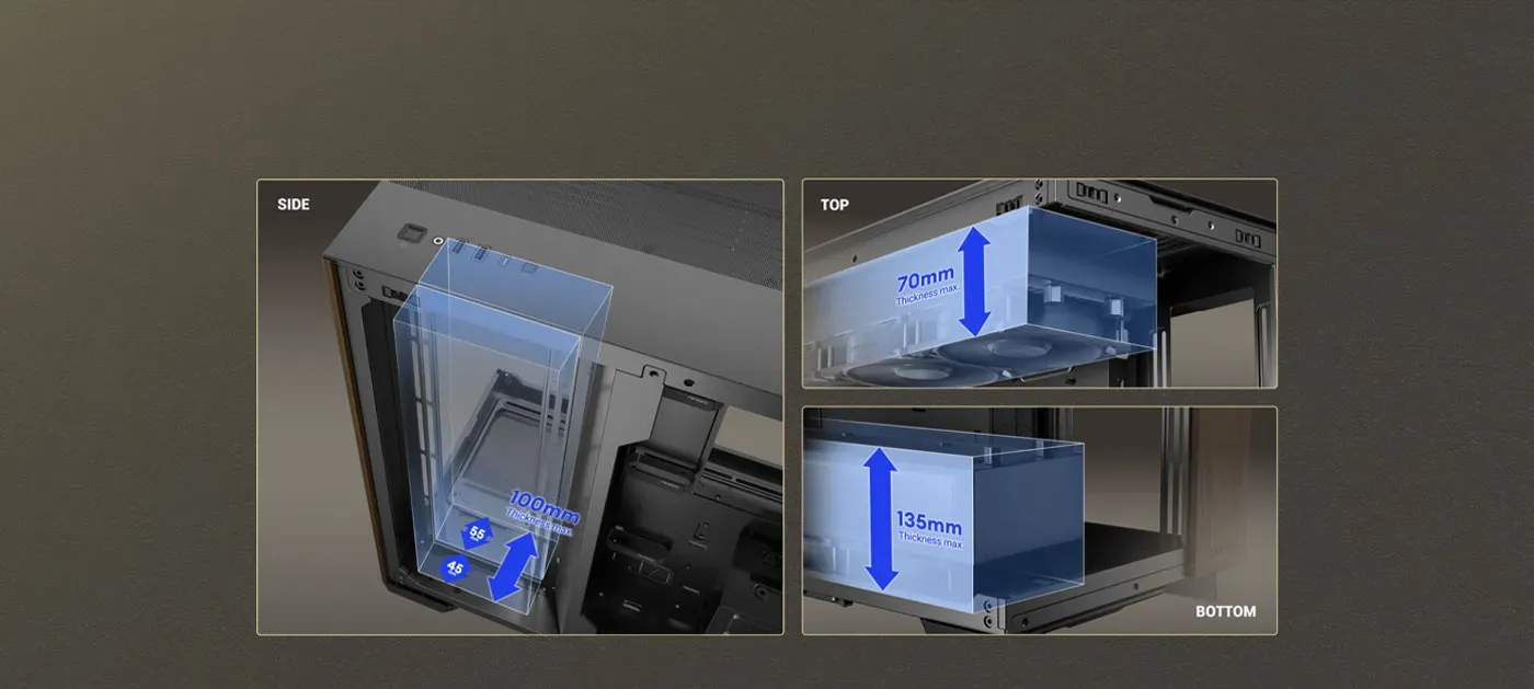 Antec C8 setup demonstrating space for thick 360mm radiators