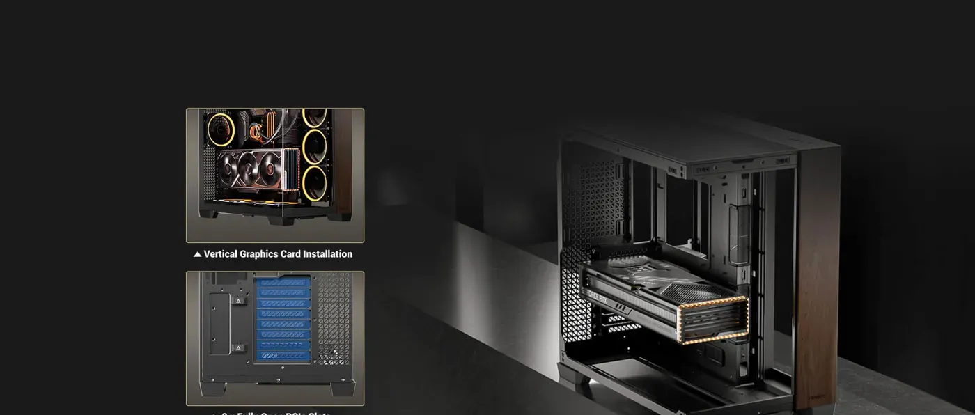Spacious interior of Antec C8 accommodating large GPUs and power supplies