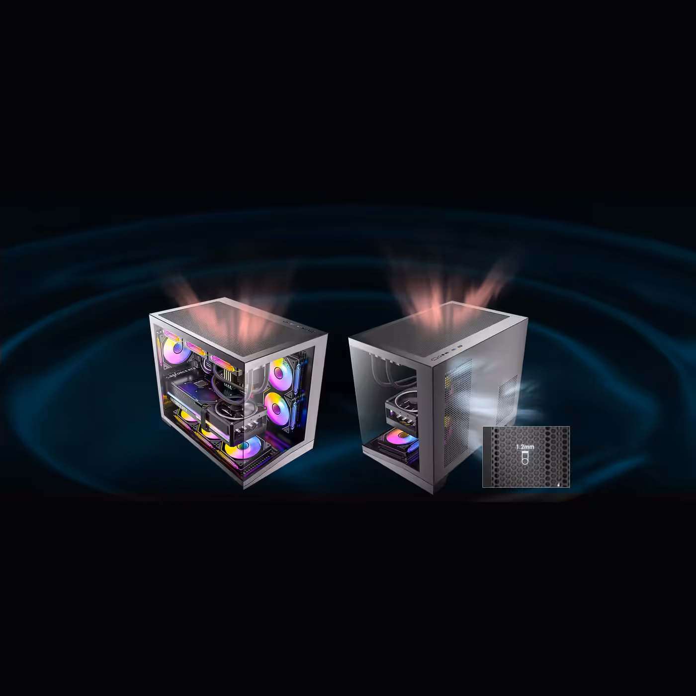 Antec CX M3 ARGB shown twice with heated air rising out of the top of the case