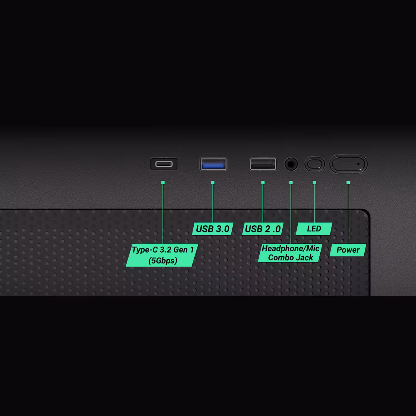 Antec CX M3 ARGB front I/O panel with labelled USB Type-C, USB 3.0, USB 2.0, audio, LED and power