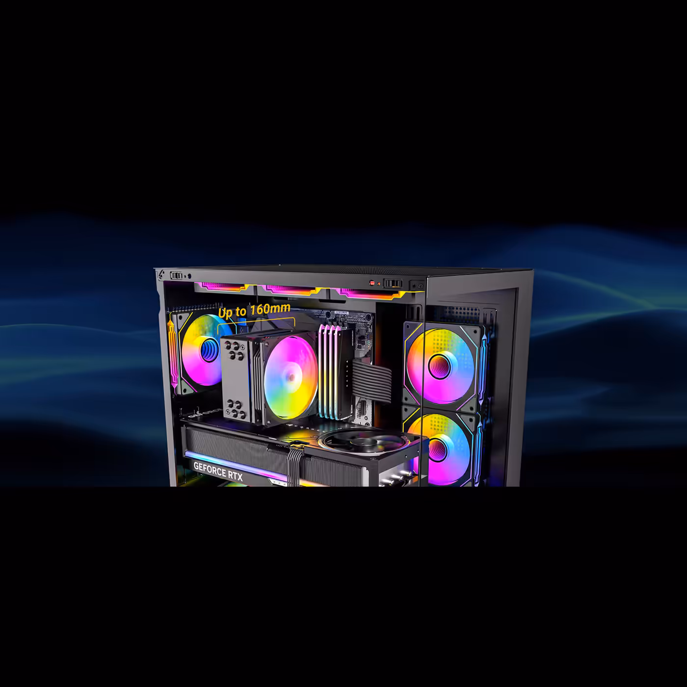 Antec CX M3 ARGB interior with a tall CPU air cooler, ARGB fans and a graphics card