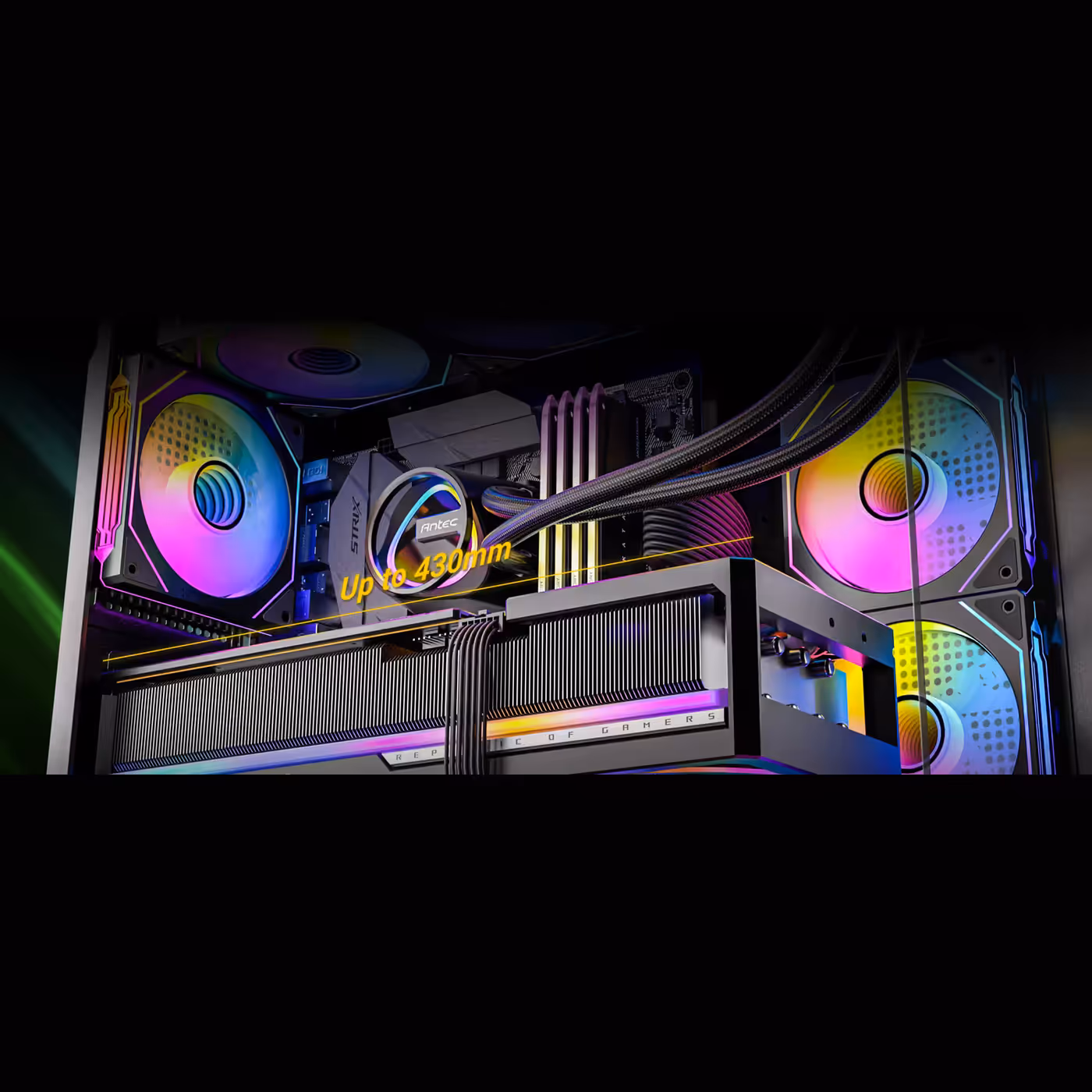 Antec CX M3 ARGB interior with a large graphics card and a length marker