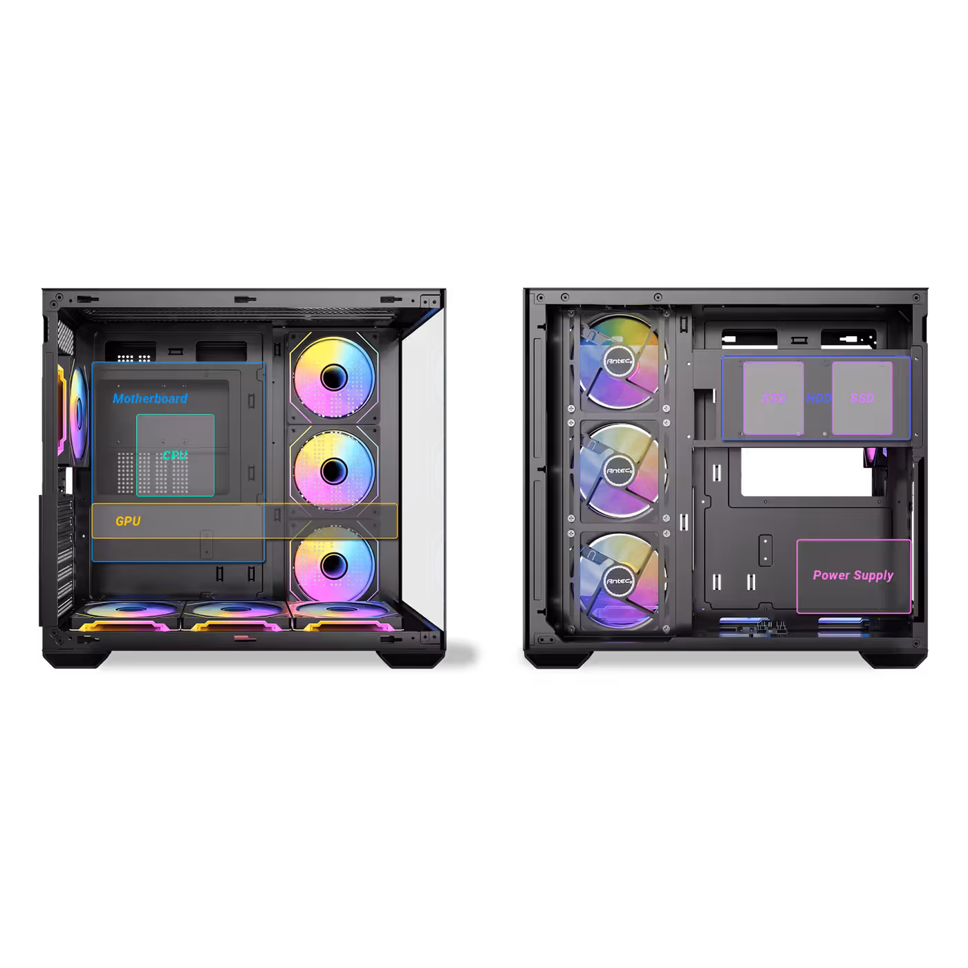 Black Antec CX Mirror interior layout, left chamber for the board and right chamber for the power supply