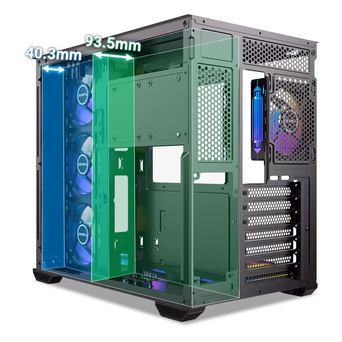 Black Antec CX Mirror side view with 40.3mm and 93.5mm cable spaces highlighted in blue and green