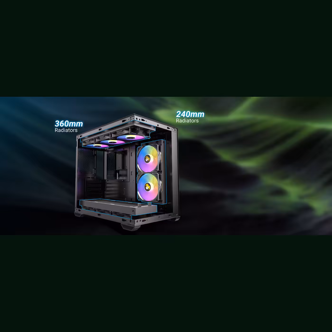 Antec CX Mirror banner image with labels for 360mm and 240mm radiator positions