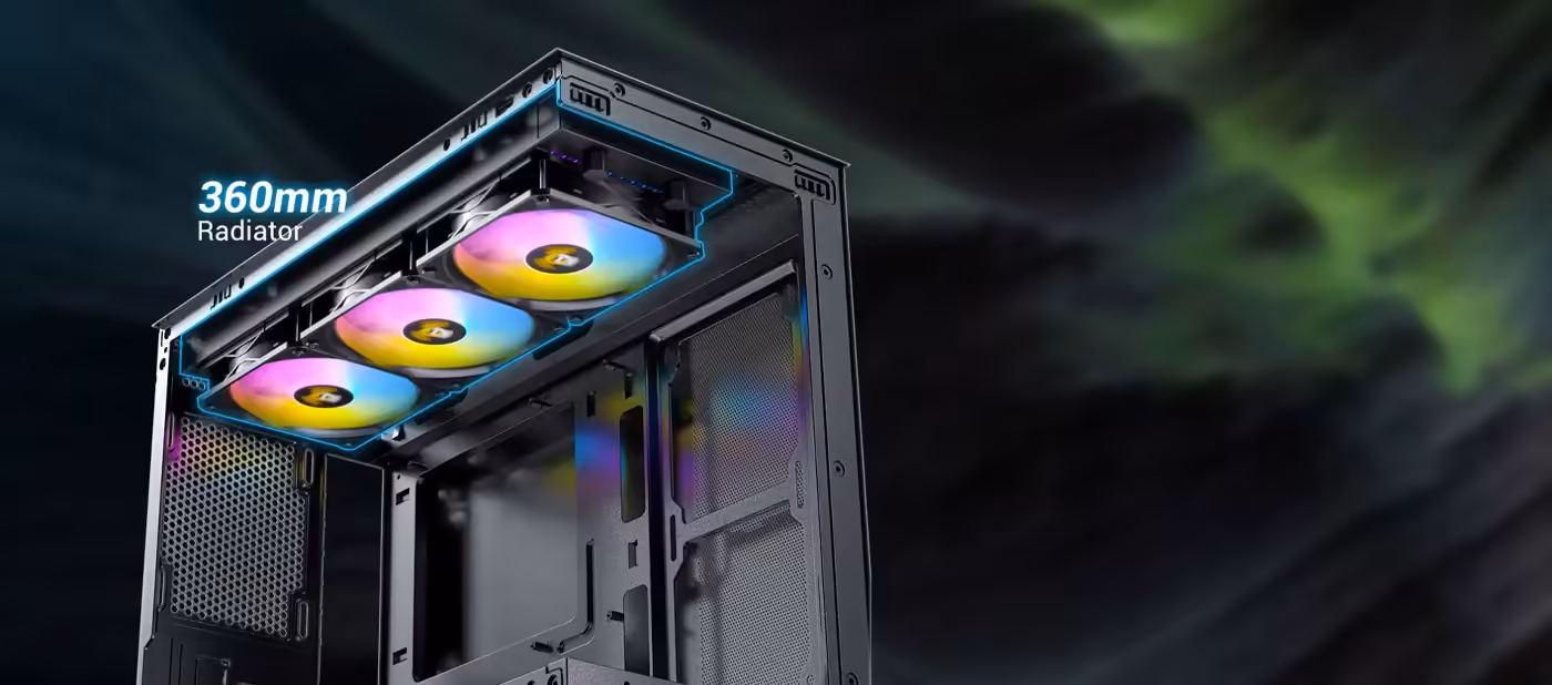 Top-mounted water cooling compatibility for Antec CX500M RGB Micro ATX Case in White - desktop view