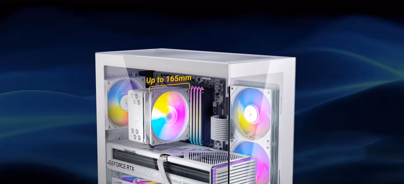 Cooling compatibility details of Antec CX500M RGB Micro ATX Case in White - desktop view