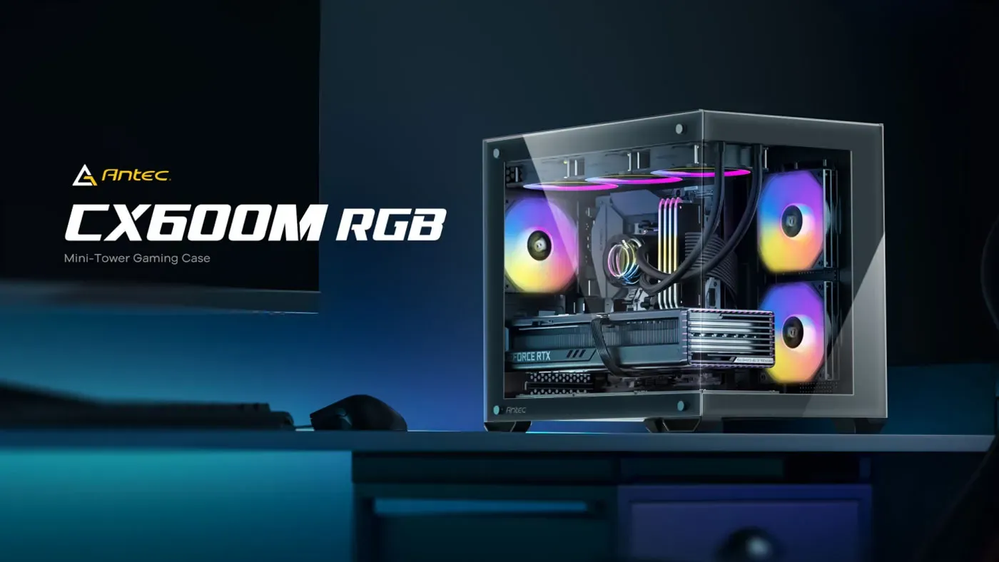 Antec CX600M RGB Gaming Case desktop view displaying overall chassis design