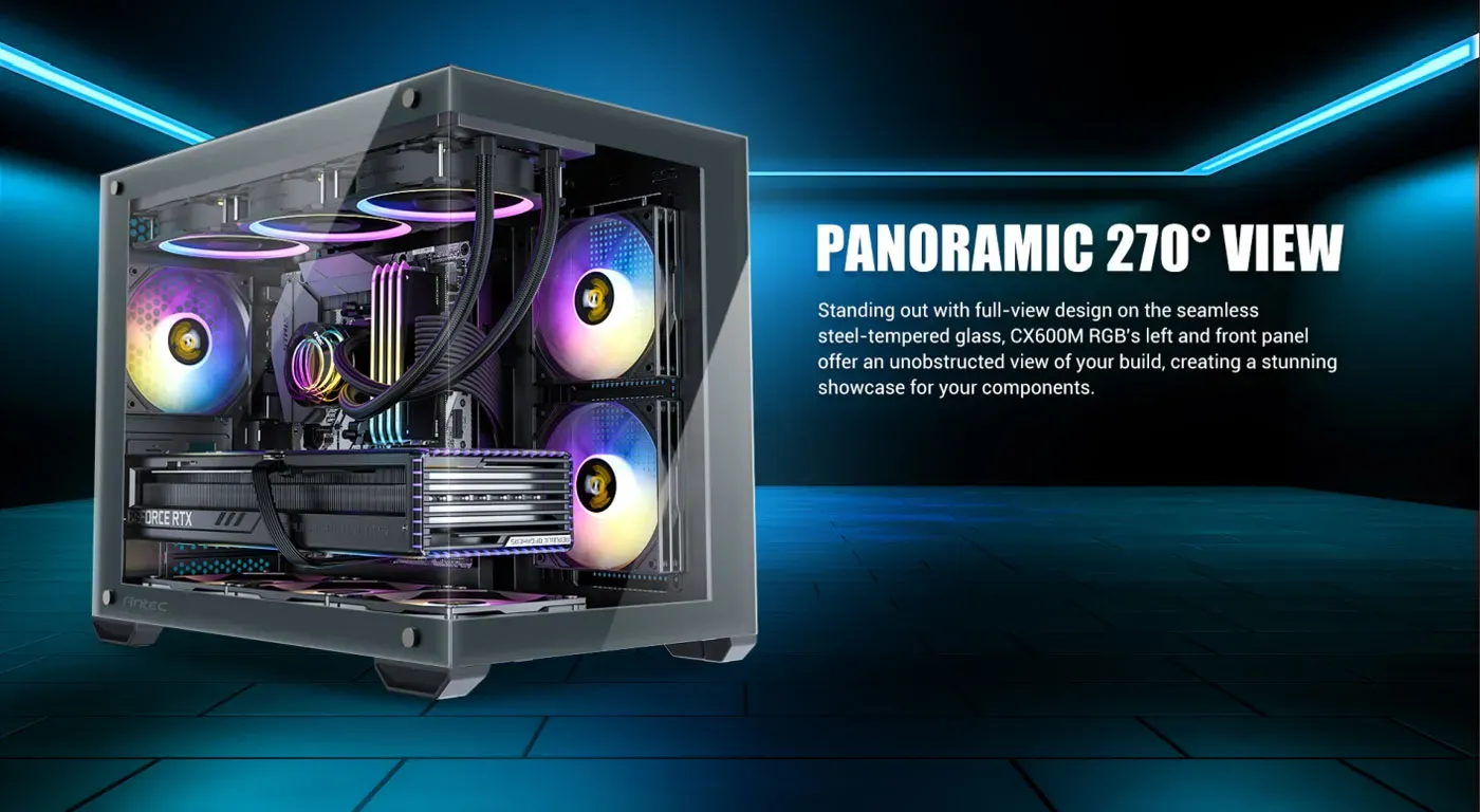 Antec CX600M RGB Gaming Case desktop view showing exterior panel styling