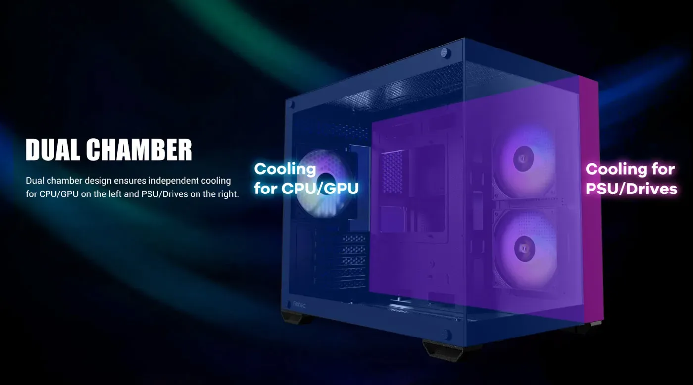 Antec CX600M RGB Gaming Case desktop view highlighting side glass panel
