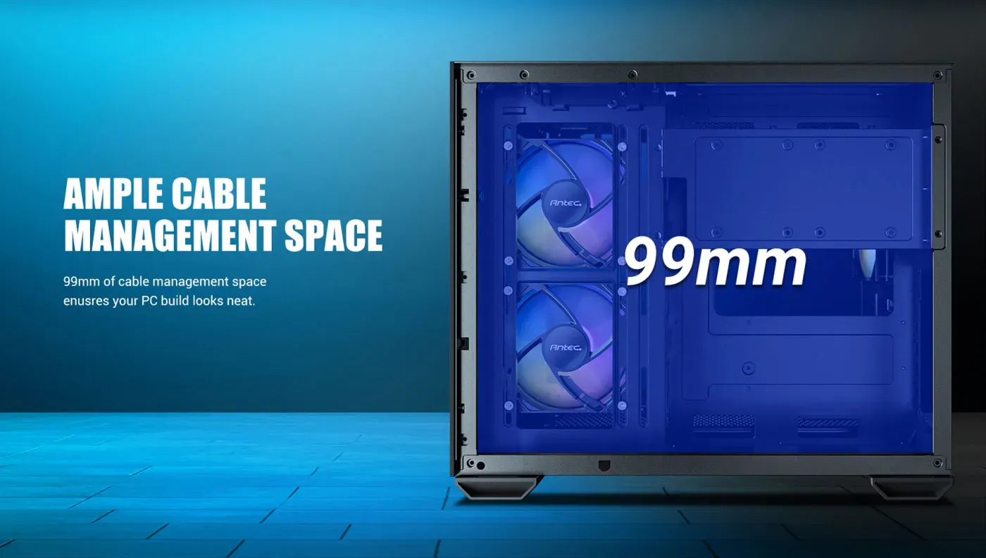 Antec CX600M RGB Gaming Case desktop view highlighting panoramic glass panel angle