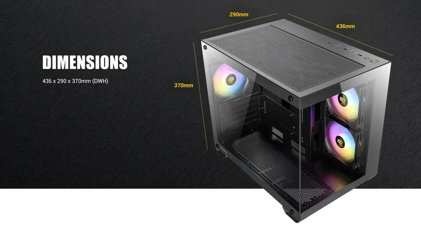 Antec CX600M RGB Gaming Case desktop view showing completed system build showcase