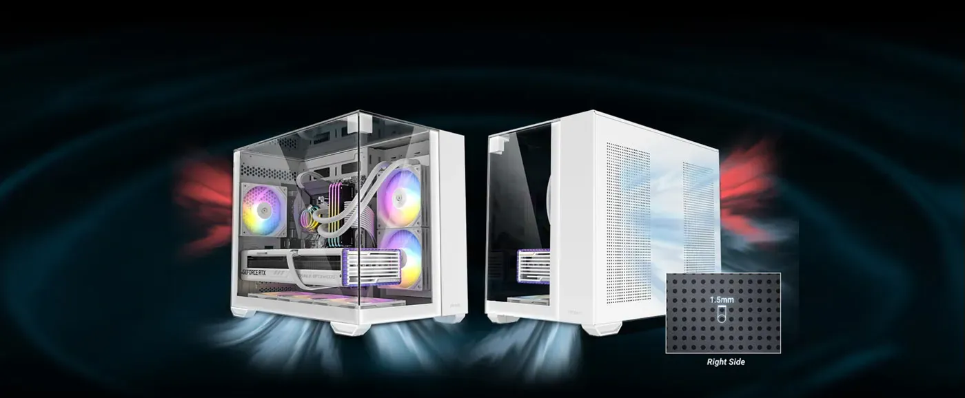 Airflow diagram showing vertical cooling and side dust mesh protection