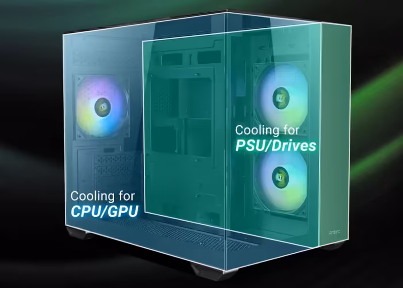 Internal dual-chamber layout for efficient component cooling and airflow